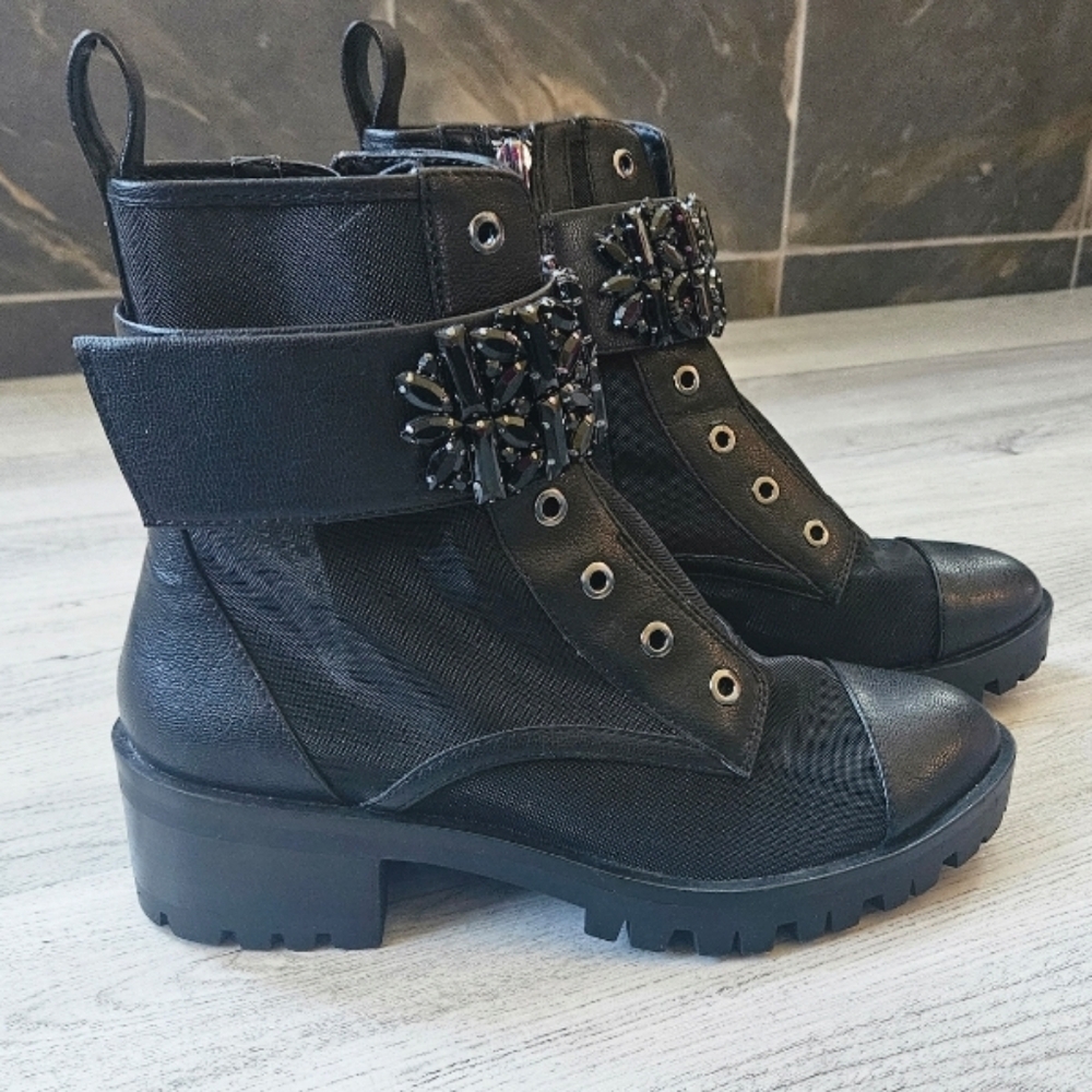 NEW Karl Lagerfeld Summer Mesh Black Leather PIPPA Combat Boots Lug Sole 7.5 - Picture 4 of 12